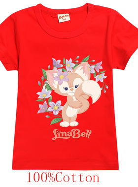 玲娜贝儿女童红色短袖LinaBell 2022夏季女宝宝纯棉圆领T恤打底衫