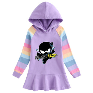 2022忍者小子彩虹连衣裙女童卫裙秋Ninja kidz连帽纯棉长袖荷叶边