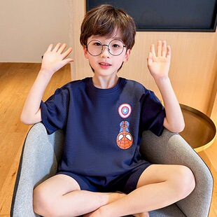 蜘蛛侠男童华夫格精梳棉睡衣短袖套装2023夏季薄款家居服外穿男孩