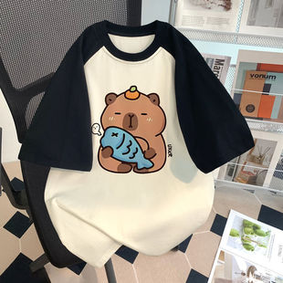 Capybara卡皮巴拉纯棉短袖T恤薄 2025夏季插肩袖圆领宽松上衣大童