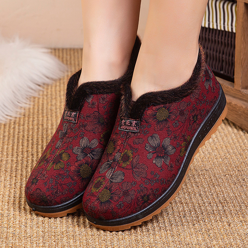 冬季新款老北京棉鞋加绒加厚中老年软底妈妈鞋一脚蹬老人鞋