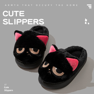 月子鞋 男保暖鞋 女包头拖 女加绒棉拖鞋 可爱小黑猫棉拖女居家棉拖鞋