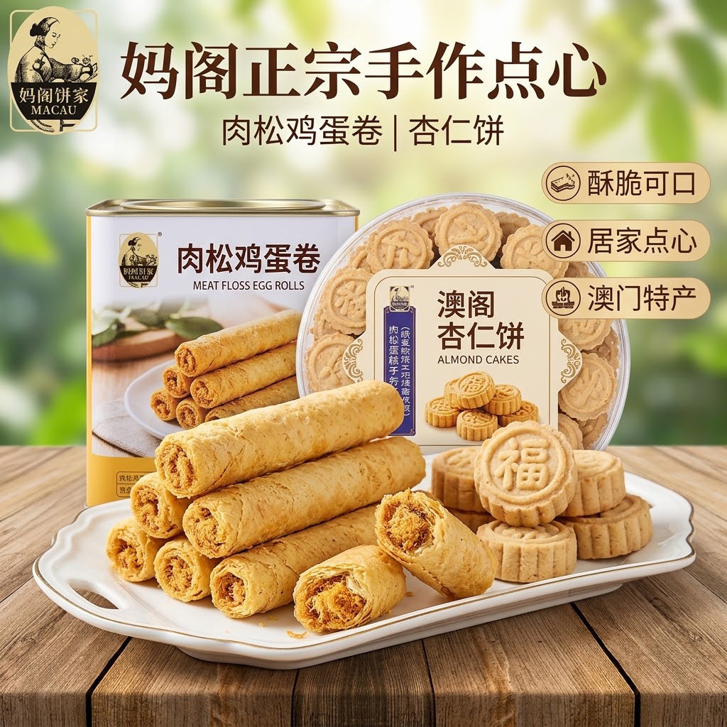 澳门特产妈阁饼家肉松鸡蛋卷/杏仁饼 肉松卷心酥酥脆可口居家点心