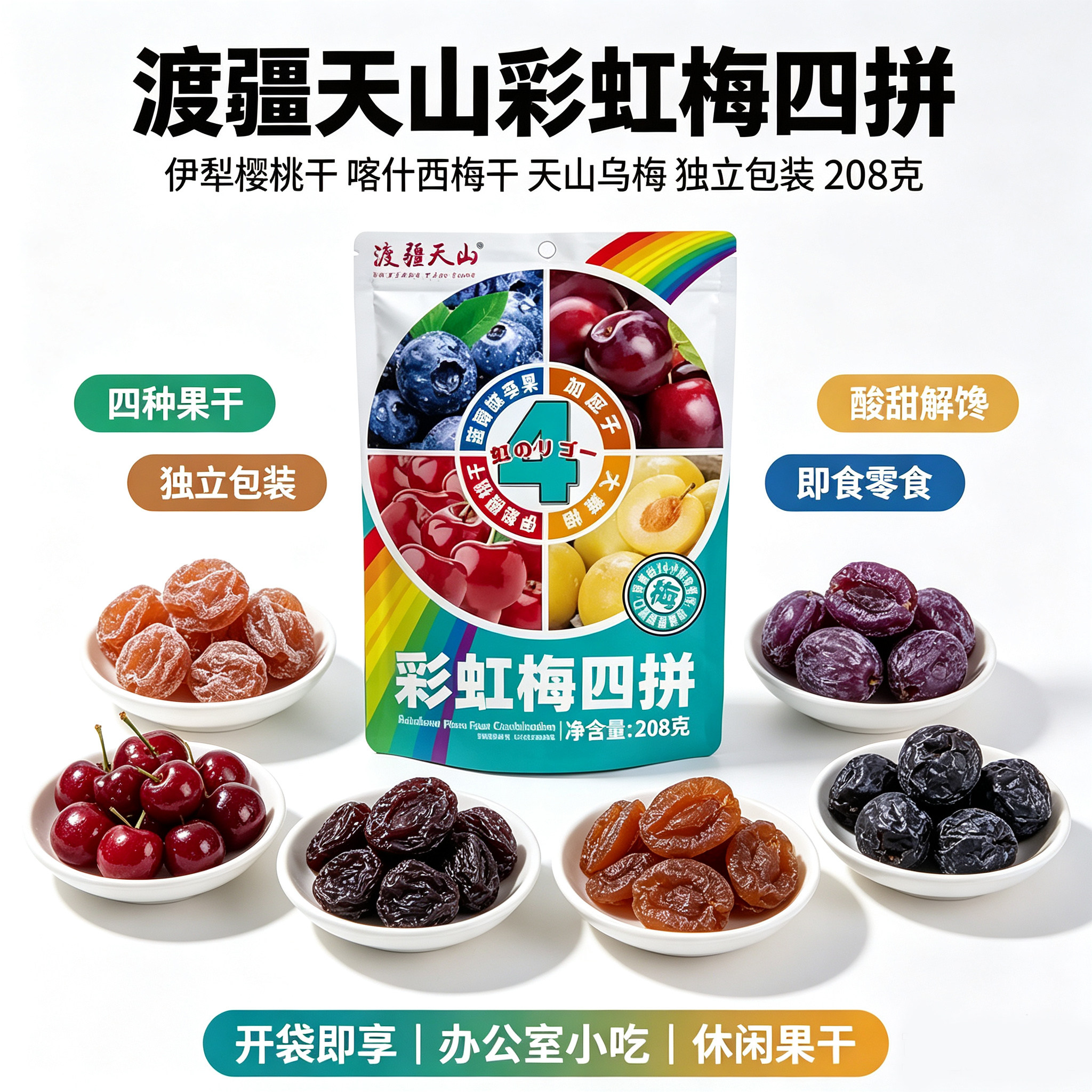渡疆天山伊犁樱桃干208g 喀什西梅干天山乌梅独立包装彩虹梅四拼图片