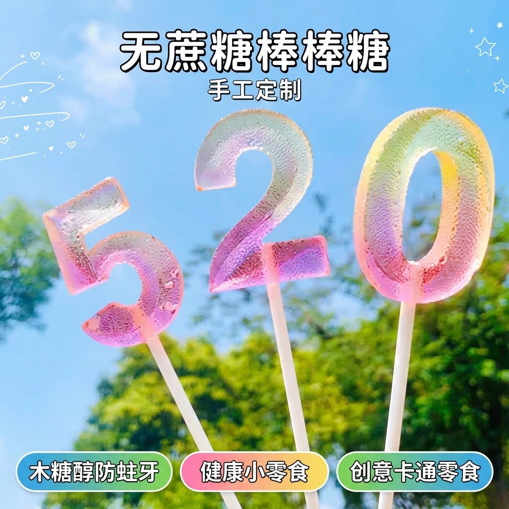 渐变彩虹儿童数字棒棒糖手工心可爱小零食无糖木糖醇创意卡通零食