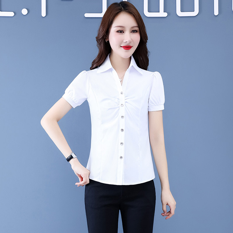 2024夏季白衬衫女士短袖正装修身职业工装大码白色半袖女衬衣寸