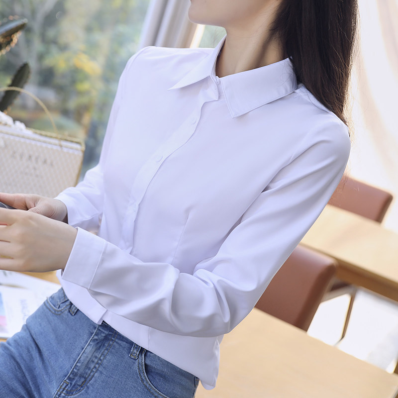 秋季长袖白色衬衫女士新款韩范职业装修身工作服条纹衬衣正装