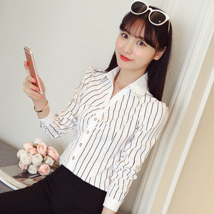 春秋修身新款长袖条纹女款上衣条纹白色工作服衬衣V领贴珠