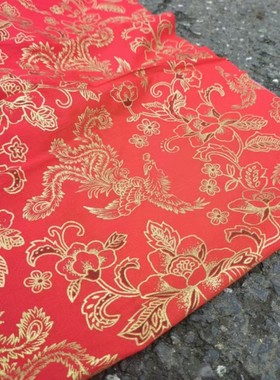 农村结婚喜庆纯棉烫金绣花棉被乡土纯全棉红色凤凰牡丹府绸面布料