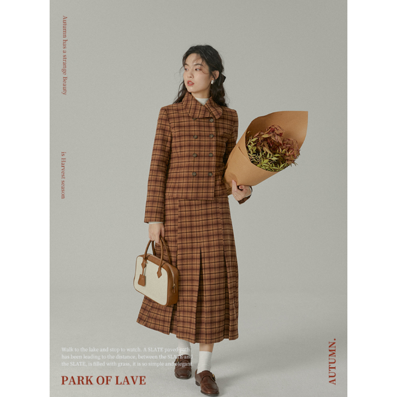 PARK OF LAVE/苏拉特的咖啡馆/复古格纹双排扣呢料小西装半裙套装