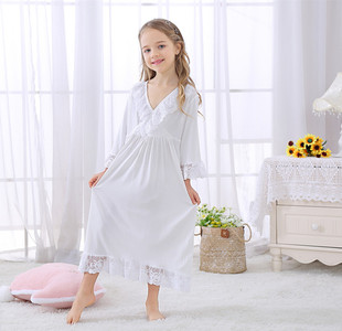 热卖女童装莫代尔纯棉九分袖长款浪漫法式宫廷公主睡裙睡衣家居服