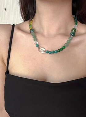原创设计小众 店主推荐 青绿色调天然玉髓东陵玉白水晶项链