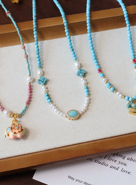 新中式小众设计复古红纹石菱镁矿优化绿松石淡水珍珠项链锁骨链