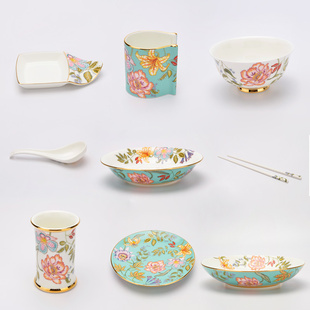 永丰源春暖花开餐具散件44头陶瓷餐具配件碗盘碟筷子勺子勺筒筷筒