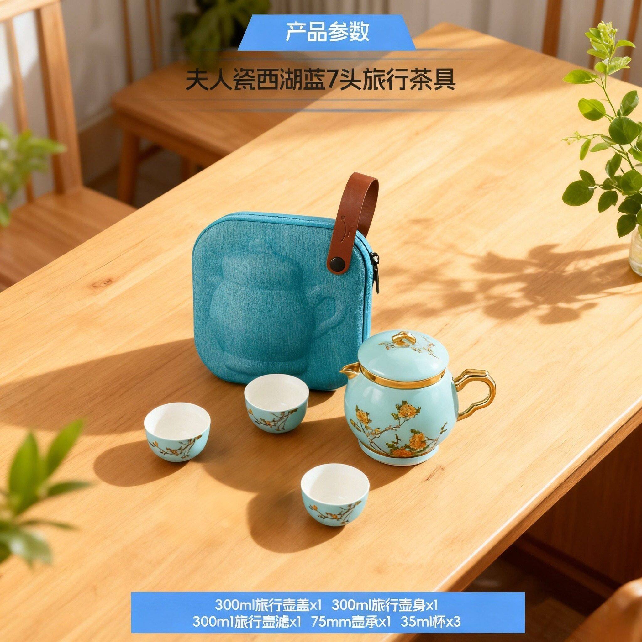 永丰源夫人瓷西湖蓝4/5/6/7头旅行茶具便携式快客杯茶杯送女友