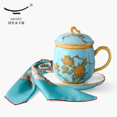 永丰源夫人瓷西湖蓝夫人礼丝瓷套装 陶瓷茶杯盖杯丝巾高档礼品