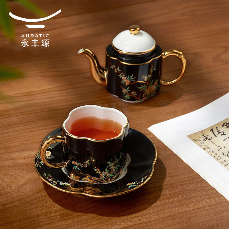 夫人瓷描金茶具 轻奢中式陶瓷茶具组 4头茶具客厅适用
