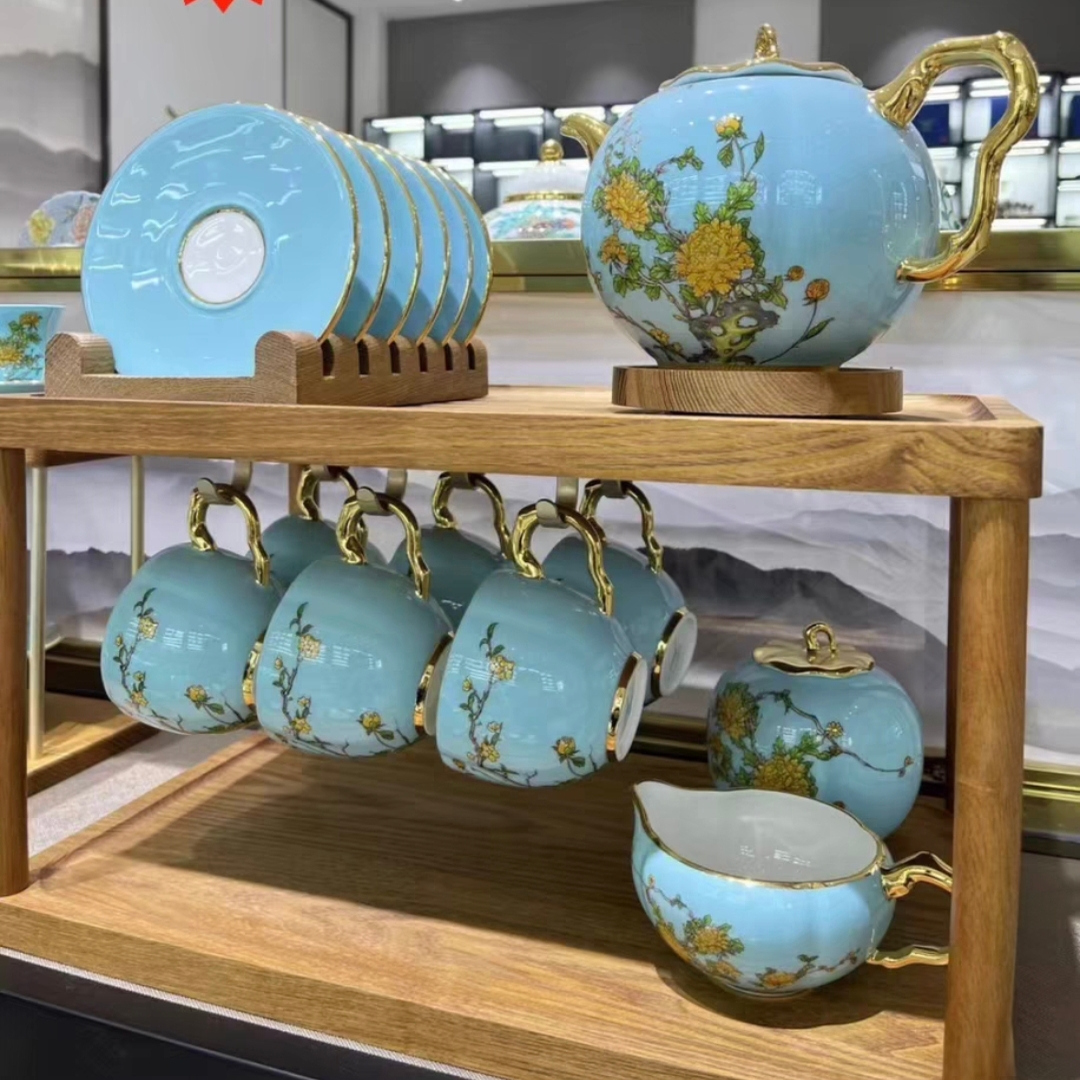 国瓷永丰源夫人瓷西湖蓝17头咖啡具6人位茶咖杯咖啡壶套装