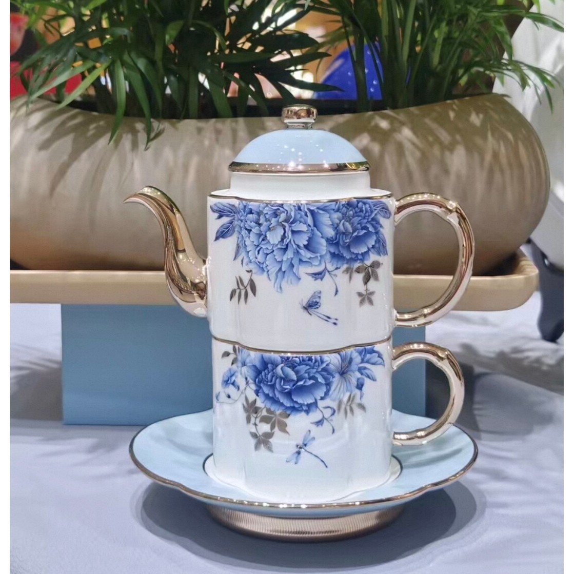 国瓷永丰源铂金青花4头茶咖具套装下午茶陶瓷家用高档伴手礼