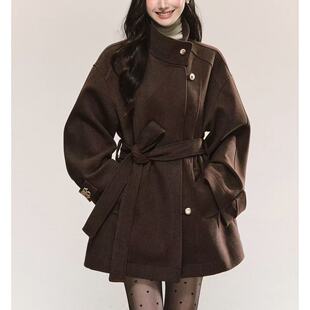 QDQD 复古高级感立领毛呢外套秋冬新款系带收腰显瘦气质棕色大衣