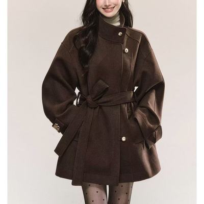 QDQD 复古高级感立领毛呢外套秋冬新款系带收腰显瘦气质棕色大衣