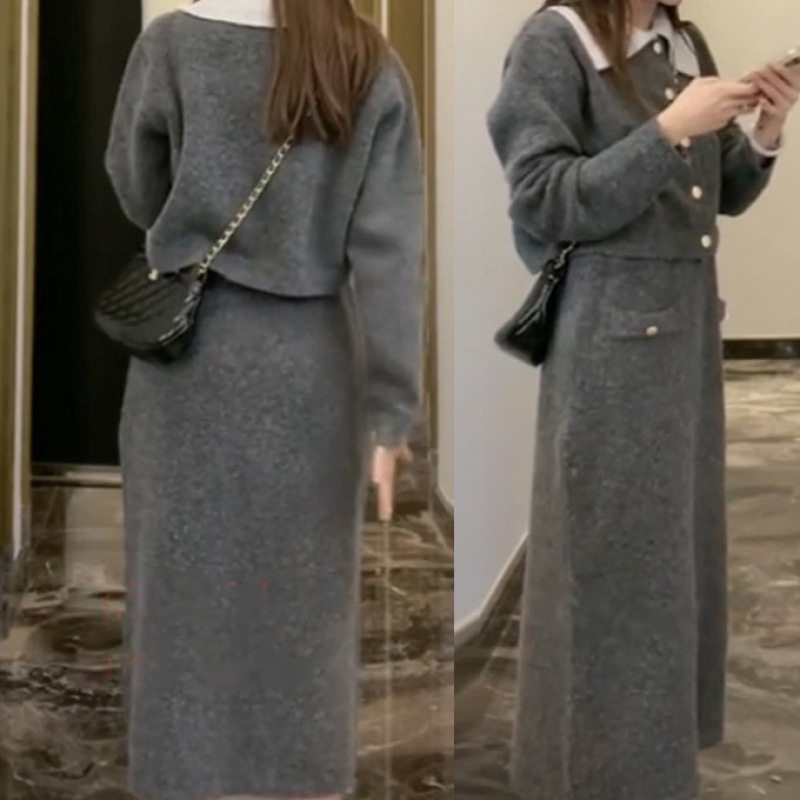 灰色毛衣套装针织连衣裙子女秋冬季新款小个子香风感长裙