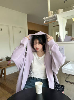 九田樱子秋冬加绒中长款连帽卫衣女秋冬宽松休闲oversize紫色外套