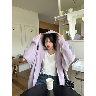 九田樱子秋冬加绒中长款连帽卫衣女秋冬宽松休闲oversize紫色外套