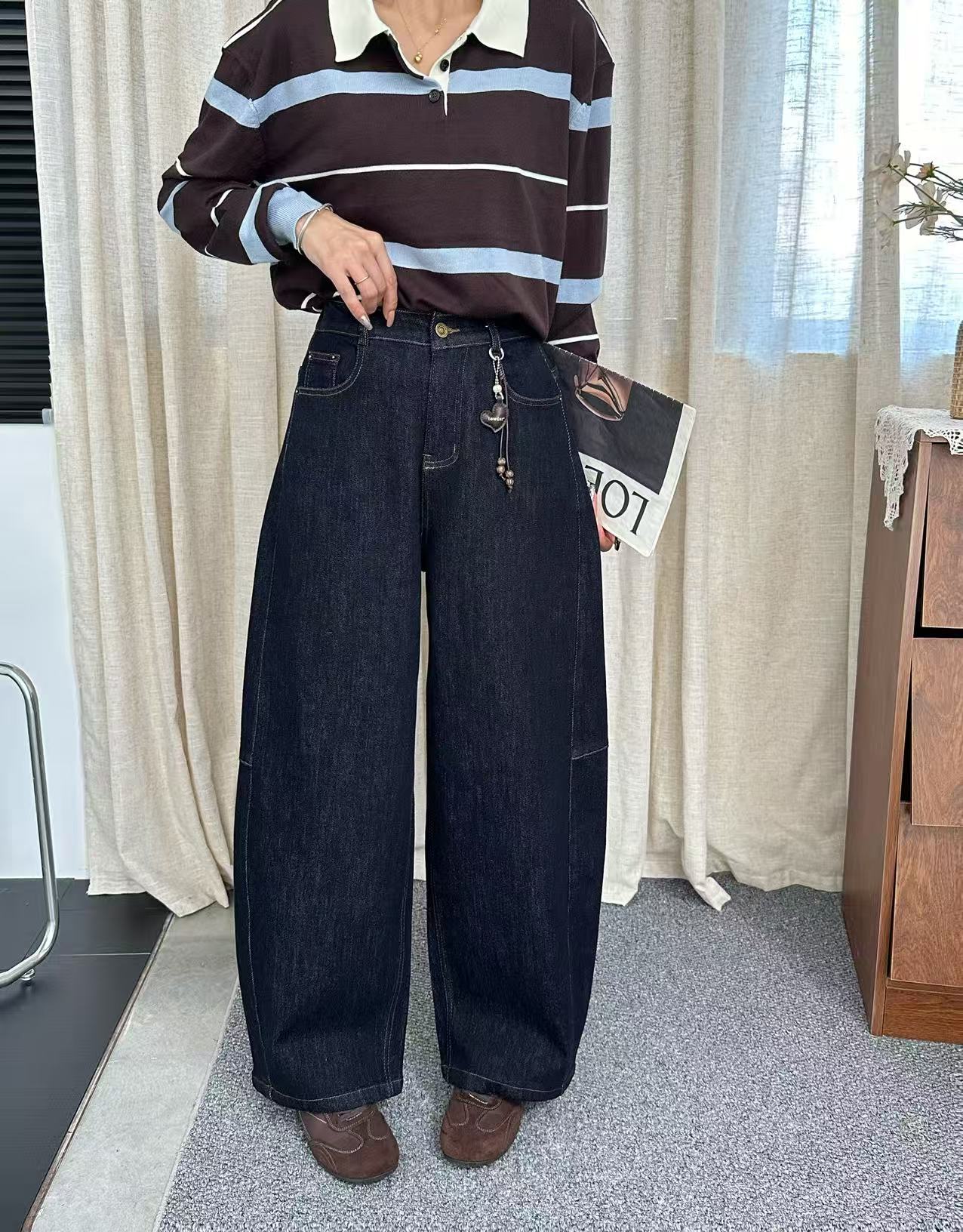 欧洲站2026秋季新款欧货时尚高腰显瘦直筒裤女丹宁蓝弯刀阔腿裤