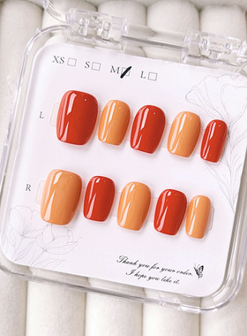 橘红正红跳色纯手工穿戴甲2026年新款2色混色显白成品美甲潮