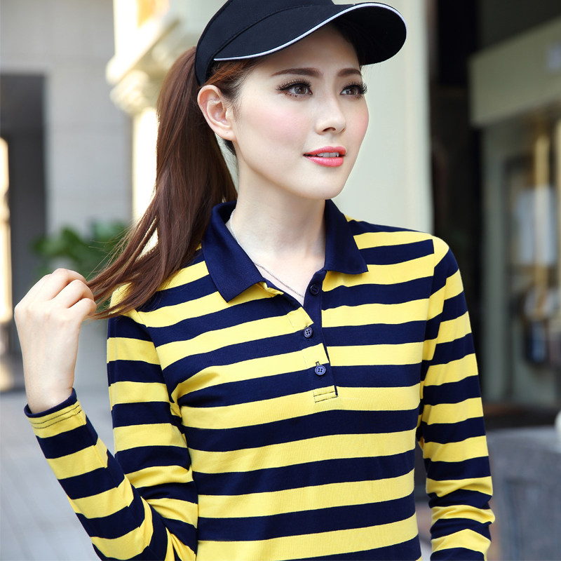 新奇鼠2025翻领长袖t恤女条纹运动休闲上衣大码纯棉polo妈妈装,女装/女士精品,T恤,淘宝优惠券,粉丝福利购,淘宝优惠卷