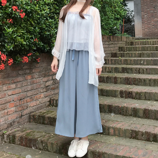 女大脚裤 夏季 高腰胖mm宽松显瘦超仙甜美垂感裙裤 女薄款 雪纺阔腿裤