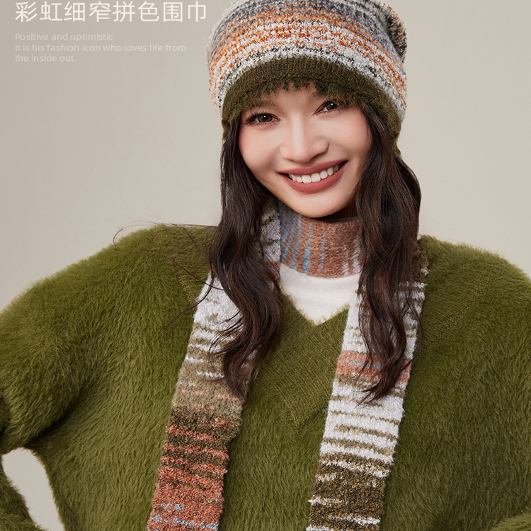 CACUSS长条针织围巾女秋冬渐变撞色细条围脖日系复古时尚小众设计