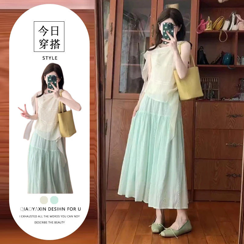 单件/2026年温柔风别致小众飘带无袖上衣浅绿色半身裙甜美日系潮