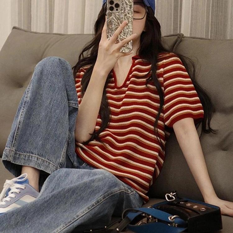 polo领红色条纹针织短袖t恤夏季女装时髦洋气显瘦冰丝v领薄款上衣