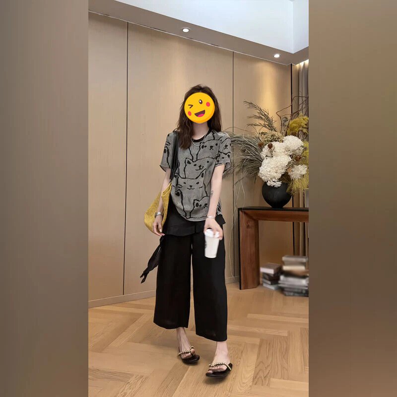 休闲两件套装女2026新款宽松百搭短袖印花上衣高腰遮胯不规则裤子