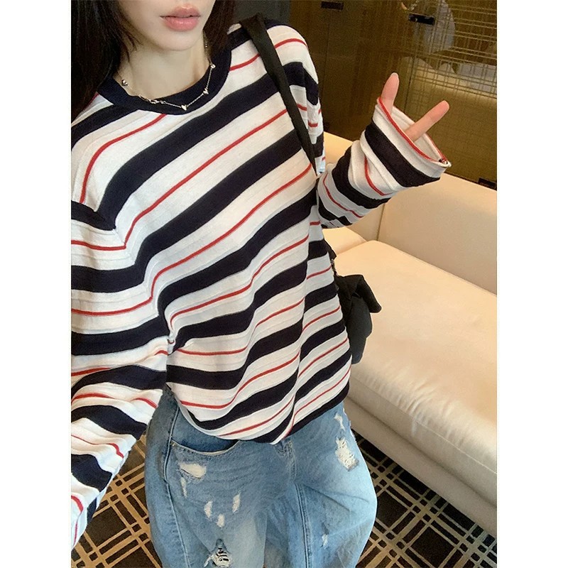 黑色条纹撞色圆领长袖T恤女2026早秋新款复古慵懒风宽松休闲上衣