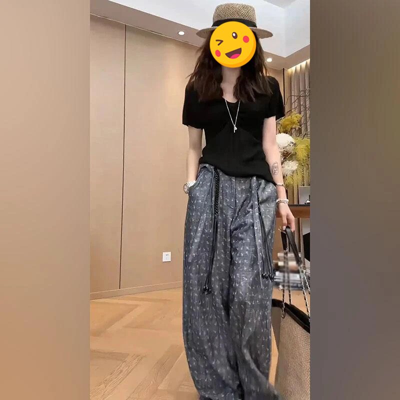 单件/盐系轻熟装夏季黑色显瘦百搭短袖上衣高腰垂感碎花休闲裤潮