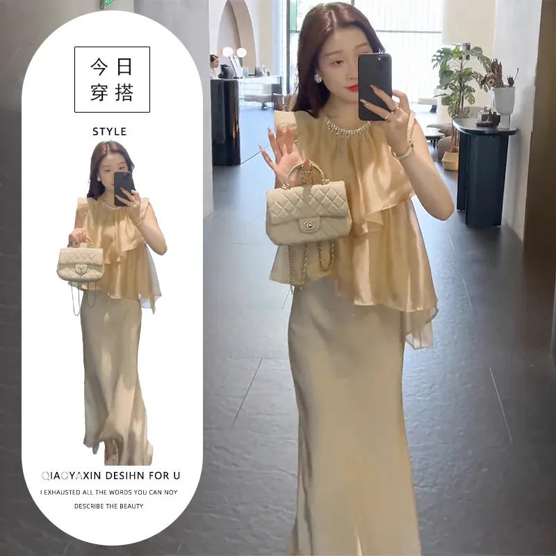 单件/夏装穿搭女2025新款小飞袖雪纺上衣高腰鱼尾裙半身裙潮流装