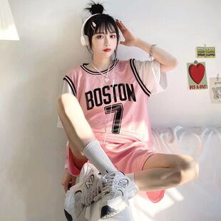 定制男女学生比赛篮球服班服短袖假两件宽松球衣网红团购队服套装