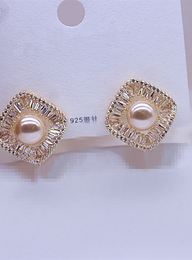 气质百搭s925方块天然珍珠耳环高级感几何菱形耳钉新年爆款耳饰