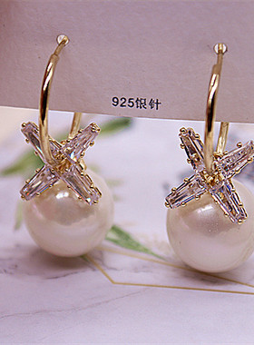 高档水晶耳环925银针女长款气质耳饰韩国网红个性耳坠圆圈耳扣