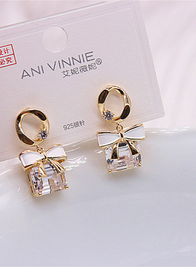 925银蝴蝶结耳环女时尚款2025新款潮高级感耳坠韩国气质耳饰水晶