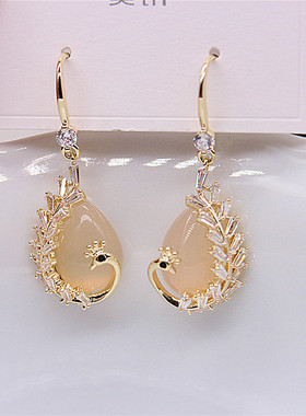 孔雀凤凰耳环新款潮气质百搭耳钩抗过敏猫眼石耳饰女网红高级感