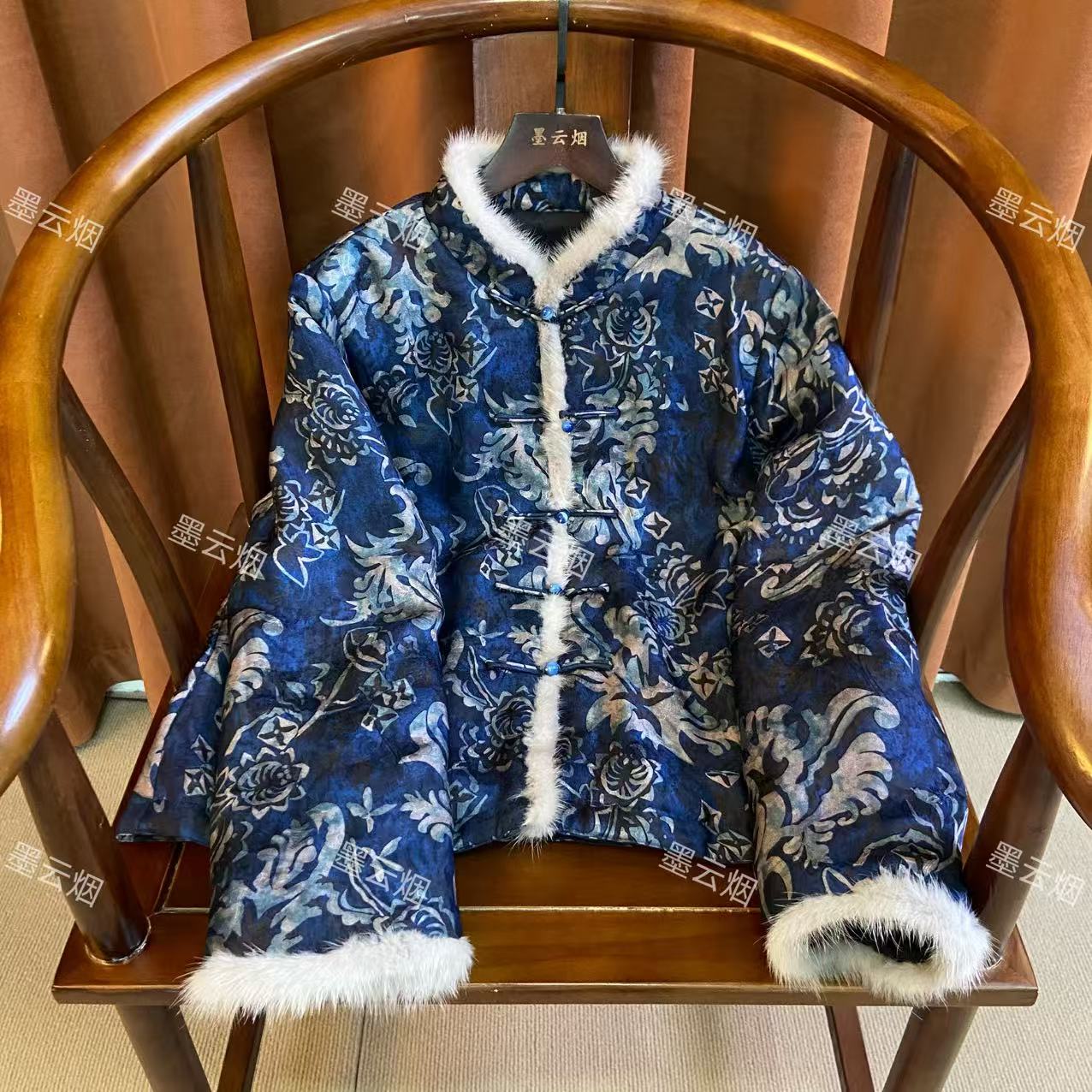 【栈兰】新中式印染提花加棉加厚网红复古优雅气质百搭上衣女士棉