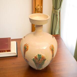 巩县窑三彩雕花瓶古典艺术品宾馆酒店玄关装饰摆件陶器出国礼品