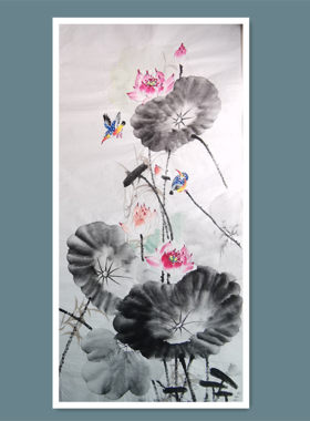 手绘四尺竖幅荷花廉政字画廉洁