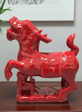仿古瓷器摆件中国红麒麟家居饰品