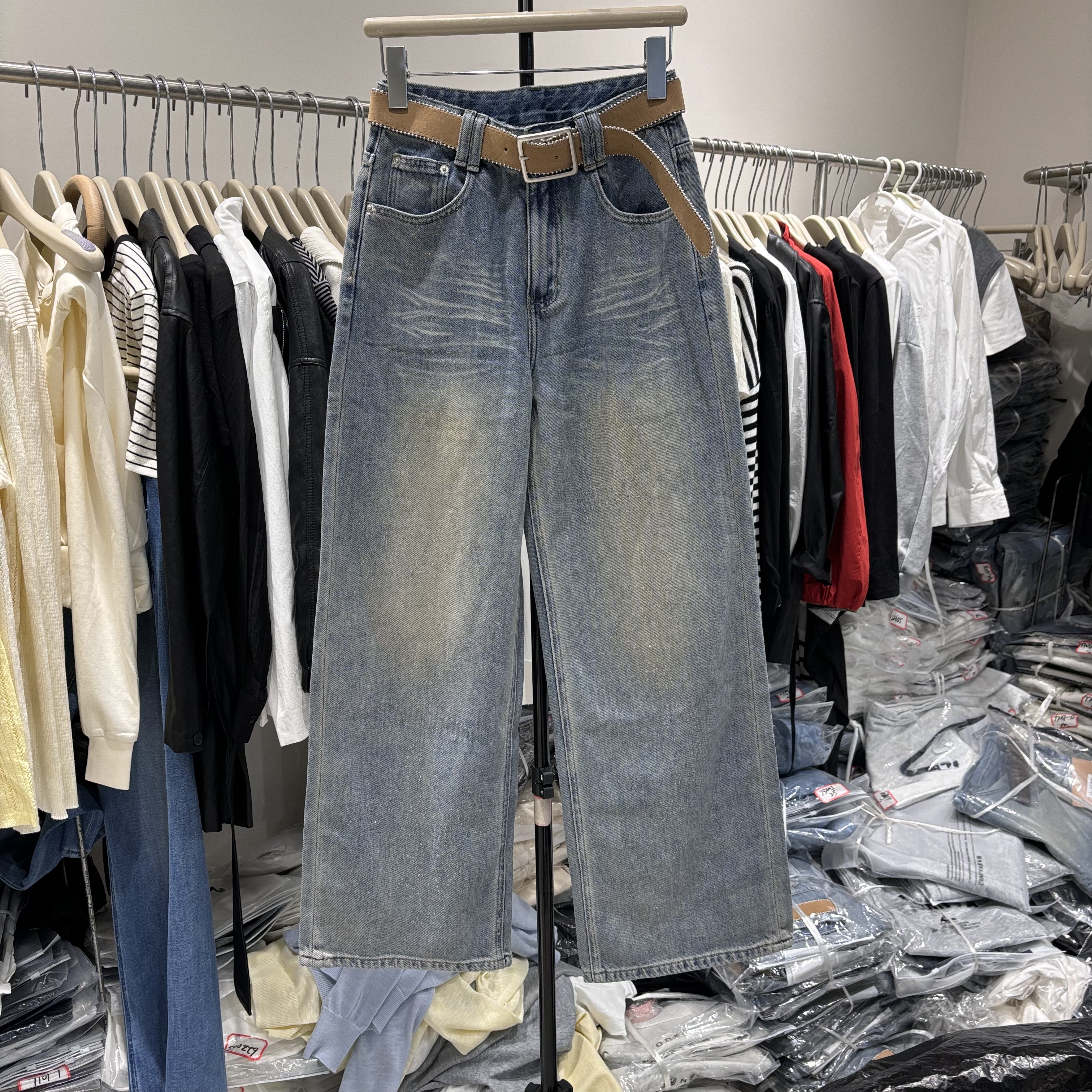 2026春新款酷希莱61265欧货复古水洗显瘦拖地阔腿裤高腰女牛仔裤