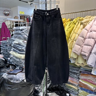 5613 2025冬季 女宽松高腰显瘦阔腿老爹裤 复古加绒弯刀牛仔裤 新款